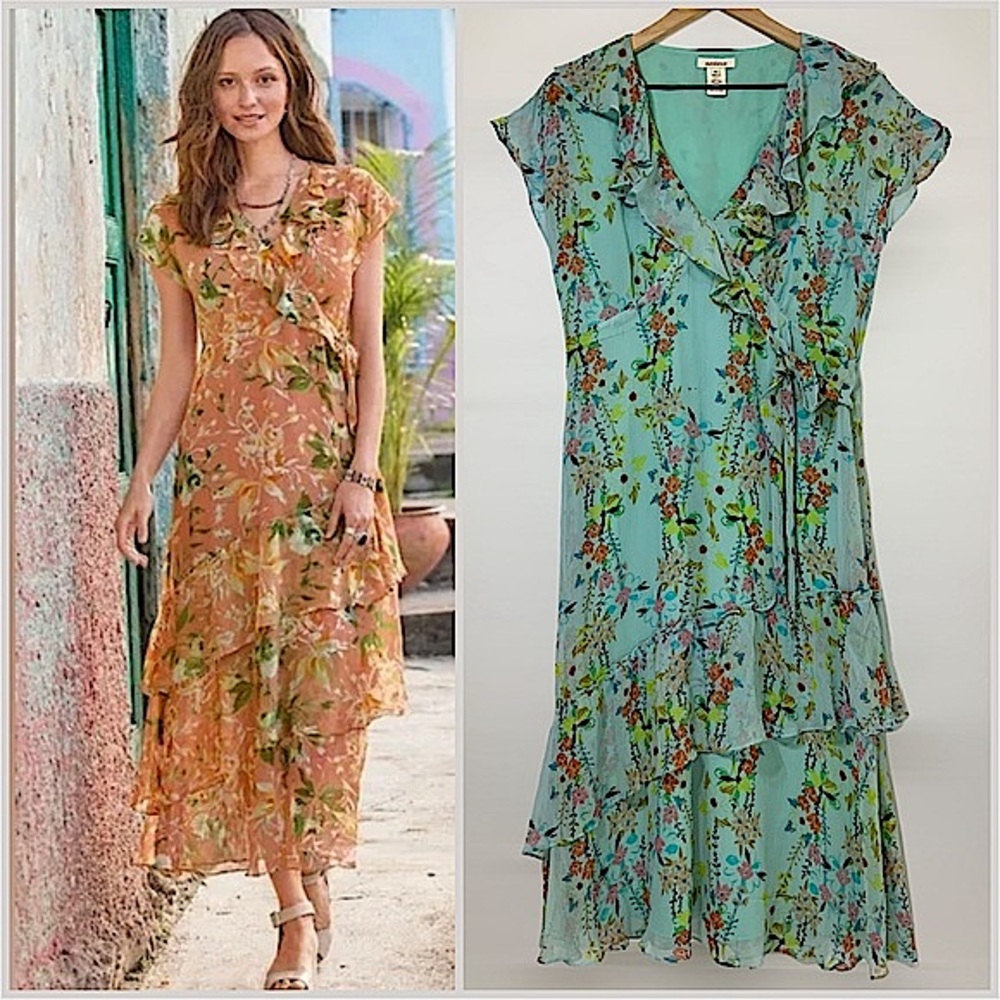 Sundance Spring Garden 100% Silk Surplice Midi Dress Size 10 in Aqua Green